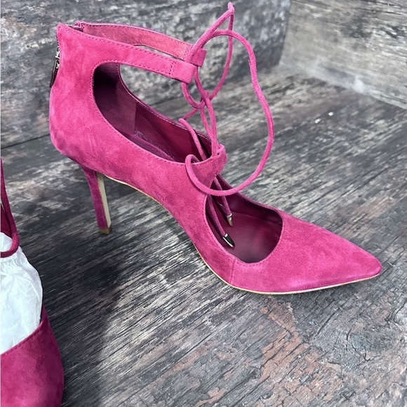 Lord & Taylor Red Suede Lace Up Pointed Heels - Picture 2 of 8